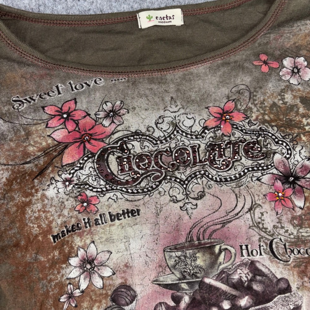 VTG Cactus Shirt Womens Medium Brown Chocolate Floral Long Sleeve Y2K USA Made